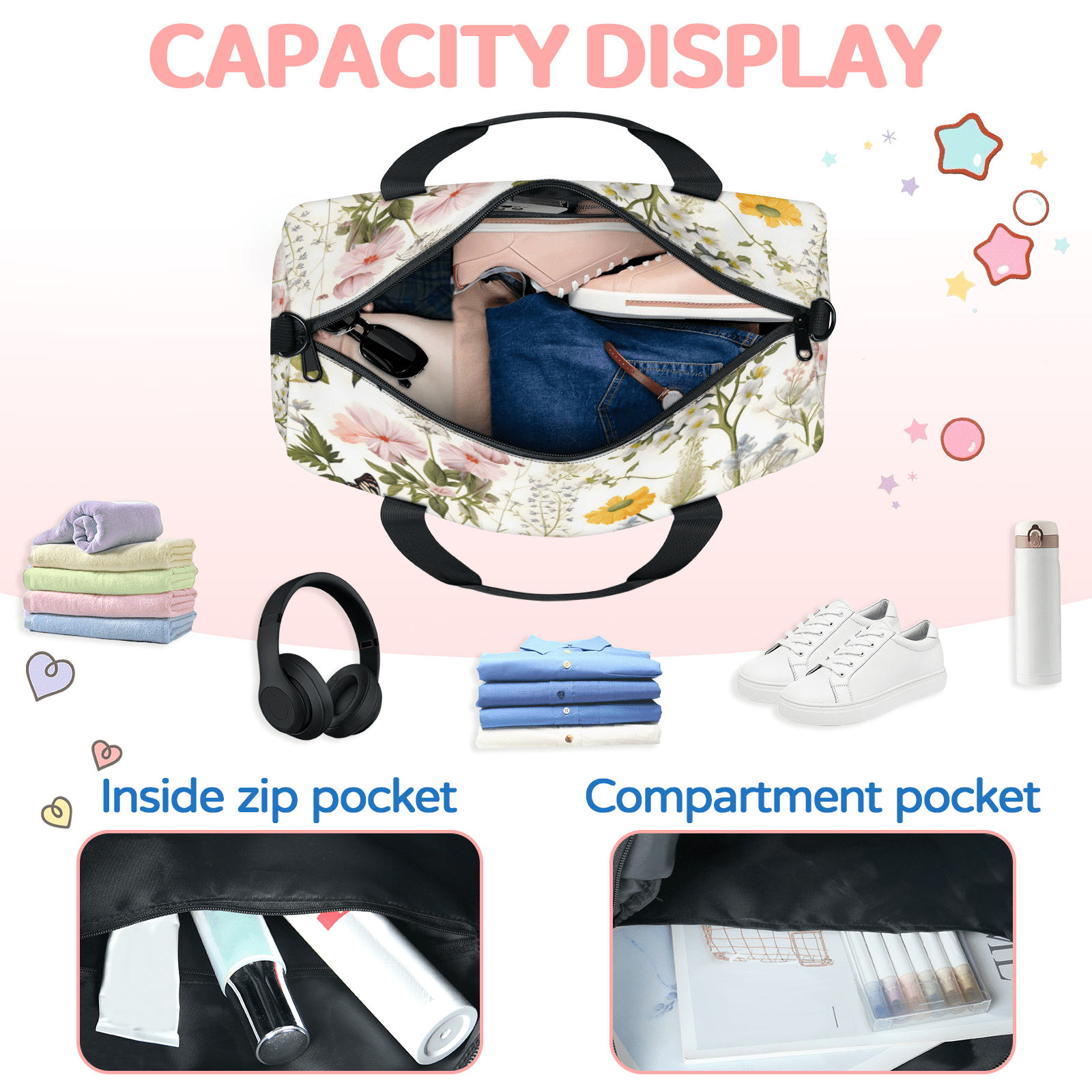 Herdesigns Wildflowers Plants Gym Bag for Women, Duffle Bag for Travel Sport, Lightweight Waterproof Carry on Weekender Overnight Dance Yoga Workout Bags