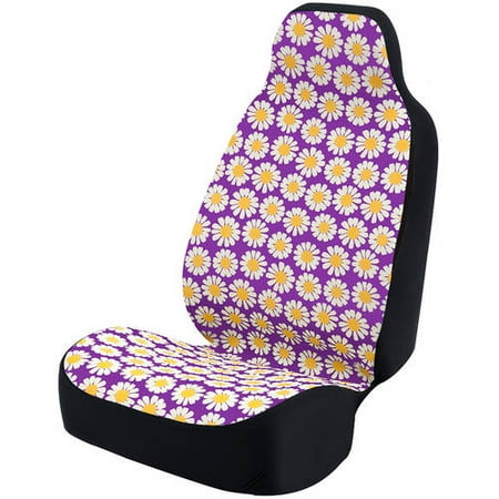 Coverking Universal Seat Cover Fashion Print, Ultra Suede, Daisy Crazy White Flowers and Purple Background with Black Interlock Backing