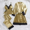 thumbnail image 4 of Womens Satin Pajama Set 3 Piece Lace Trim Cami Robe Casual Pants Tie Waist Pajamas Sleepwear Khaki L, 4 of 5