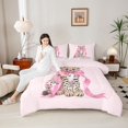 thumbnail image 4 of Homewish Teens Cartoon Bow Knot Leopard Bedding Comforter Set 2pcs,Kawaii Jungle Animal Twin Comforter Sets Microfiber,Pink Brown Breathable Bedding Set,Lightweight Room Decor,Reversible, 4 of 8