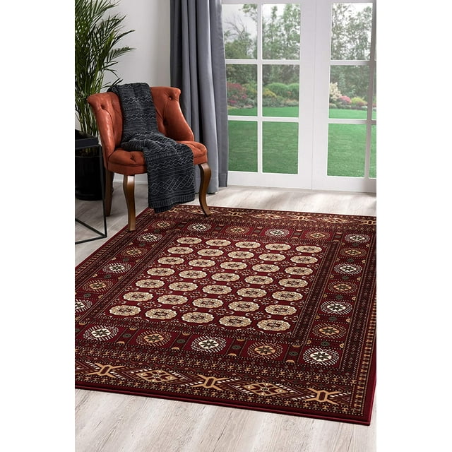 homeroots home decor 395470 5’ x 8’ Red Eclectic Geometric Pattern Area Rug