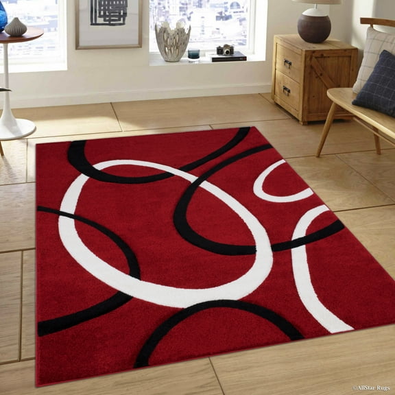 Allstar Red Modern Geometric Black circle design Area Rug (7' 9" x 10' 5")