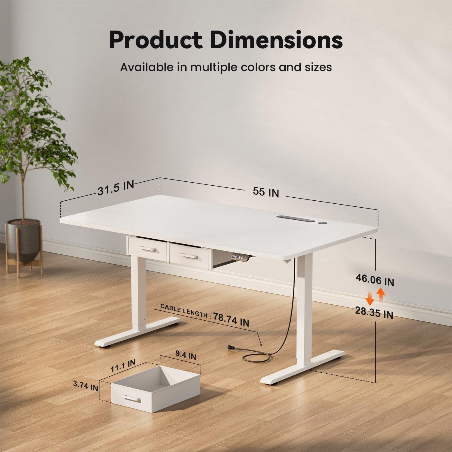 HLDIRECT Electric Standing Desk with 2 Drawers & Power Outlets & USB Ports, 55×31.5 inches Height Adjustable Desk with Storage, Sit Stand up Desk for Home Office, White