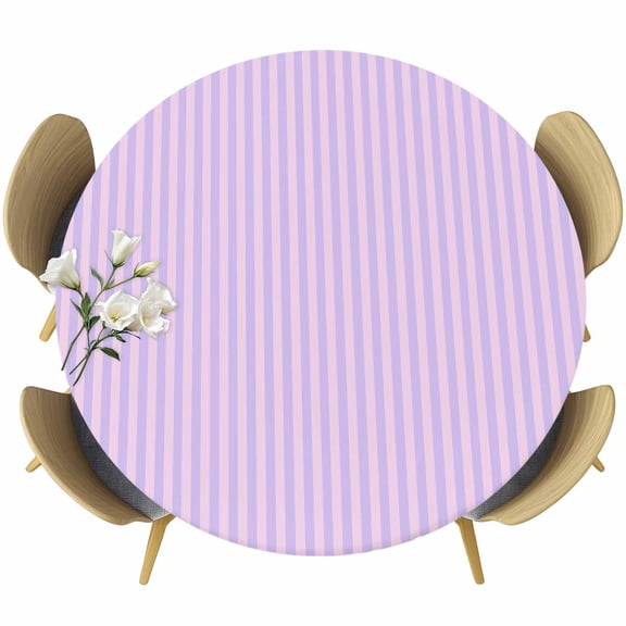 Purple Round Tablecloth, Fitted Table Cover with Elastic for 55"-60" Round Tables, Geometric Vertical Striped Solid Rainbow Table Cloth Outdoor Indoor Dinning Party Waterproof Tablecloths