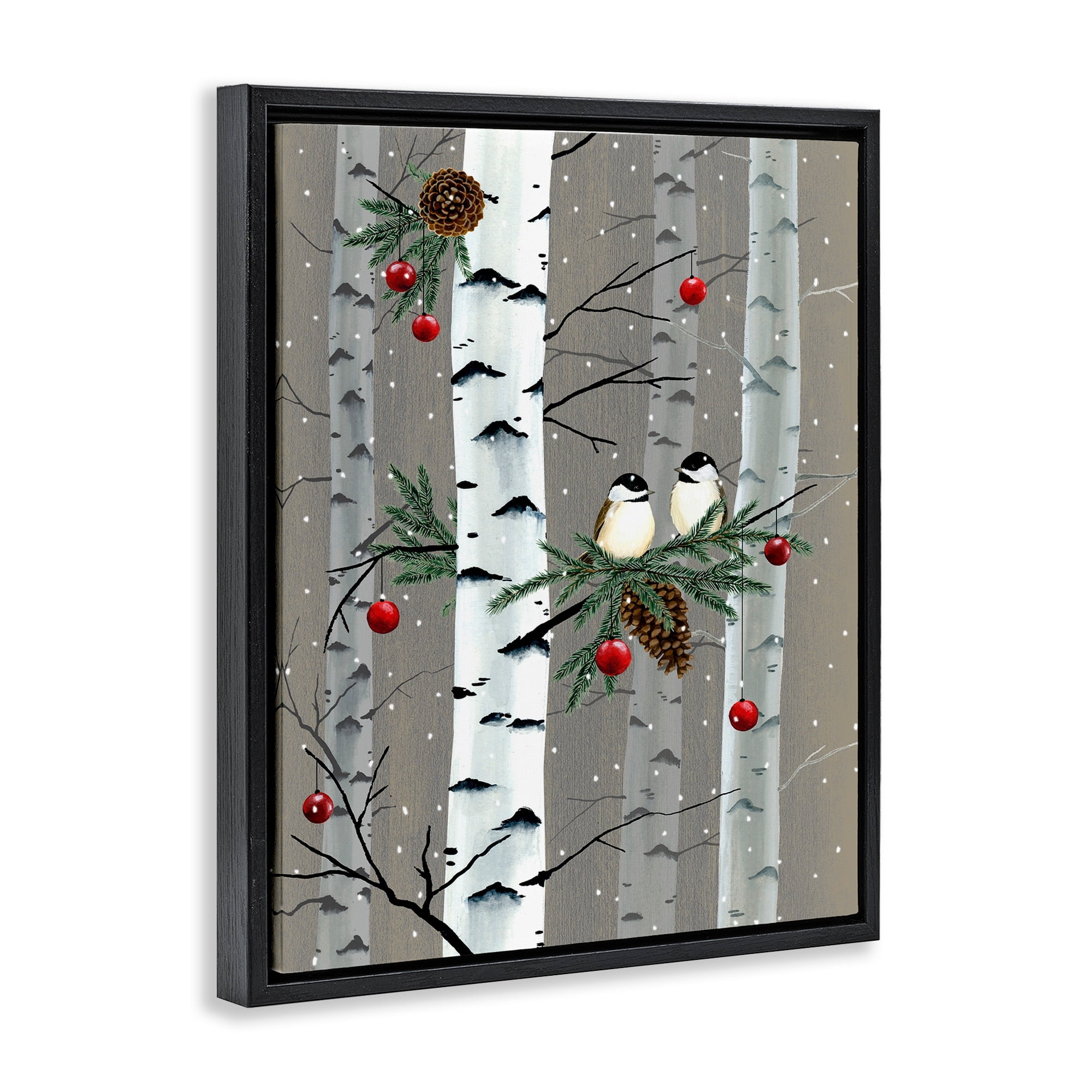 Stupell Industries Birds and Holiday Ornaments Birch Tree Forest Jet Black Framed Floating Canvas Wall Art, 24x30, by Grace Popp