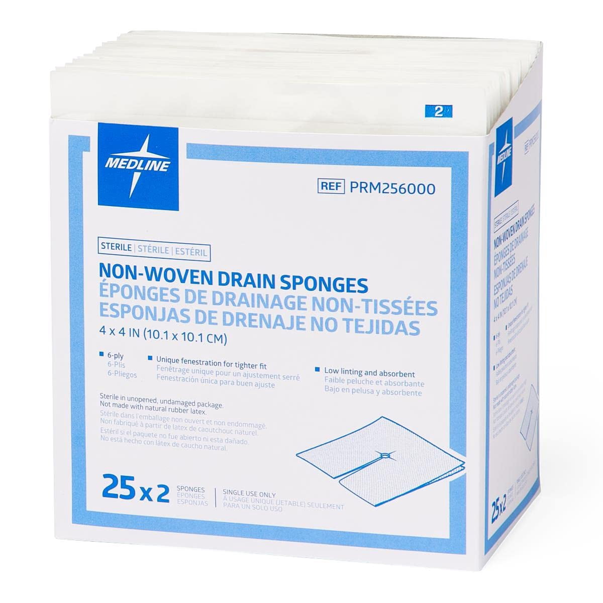 Medline Sterile Non-Woven Gauze Drain Sponges 4x4 In | 6-Ply  | Box of 25 | 4PK