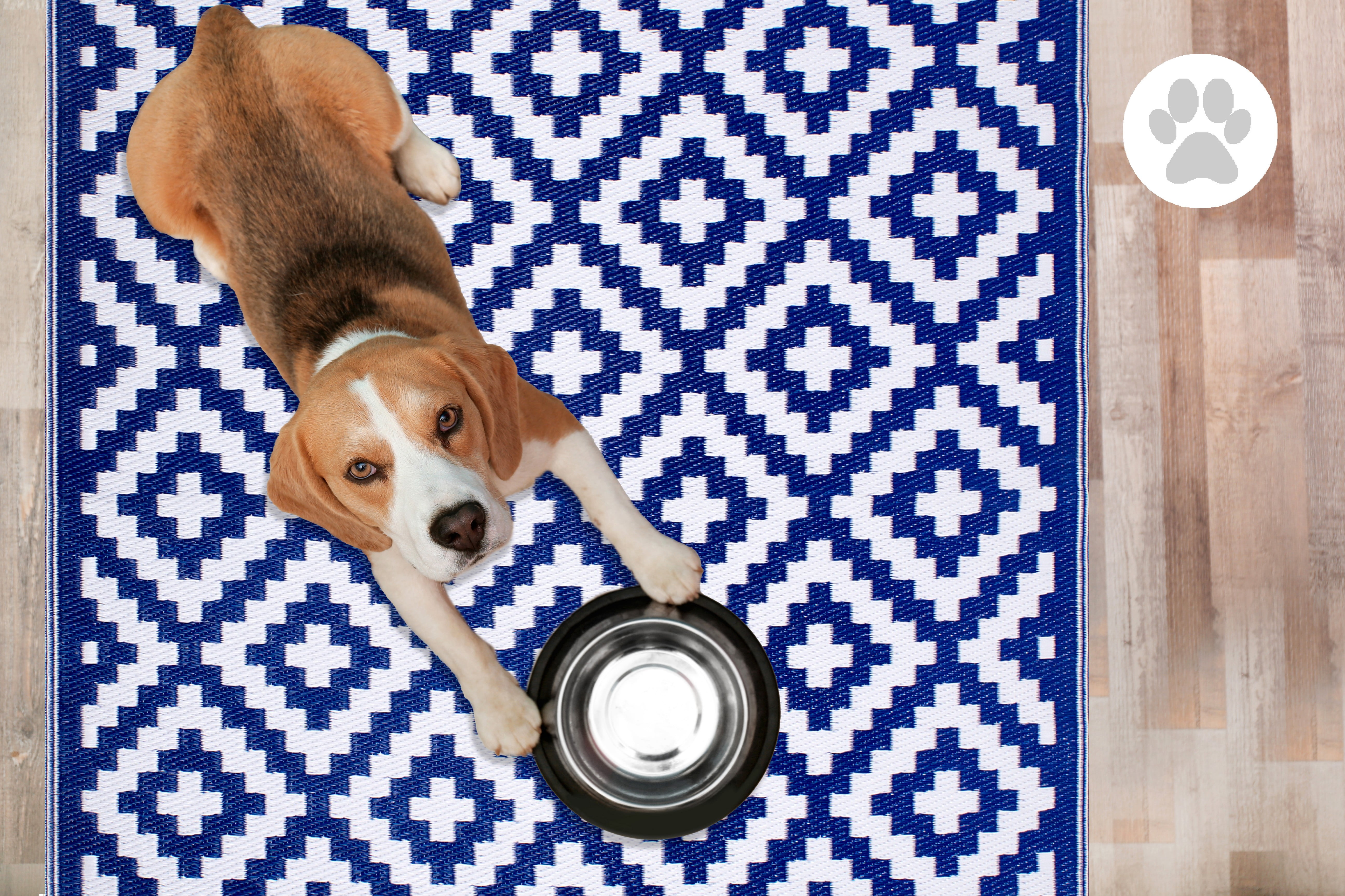 FH Home Outdoor Rug - Waterproof, Fade Resistant, Reversible - Premium Recycled Plastic - Geometric - Large Patio, Deck, Sunroom, RV, Camping - Aztec - Blue & White - 9 x 12 ft Foldable