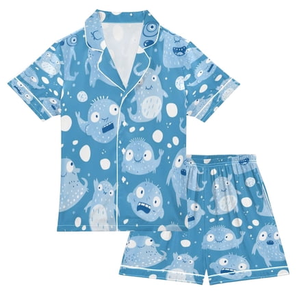 Children s Satin Pajama Sets Pajama Sets Button-Up Satin Pajama Set for Boys & Girls Blue Monster S