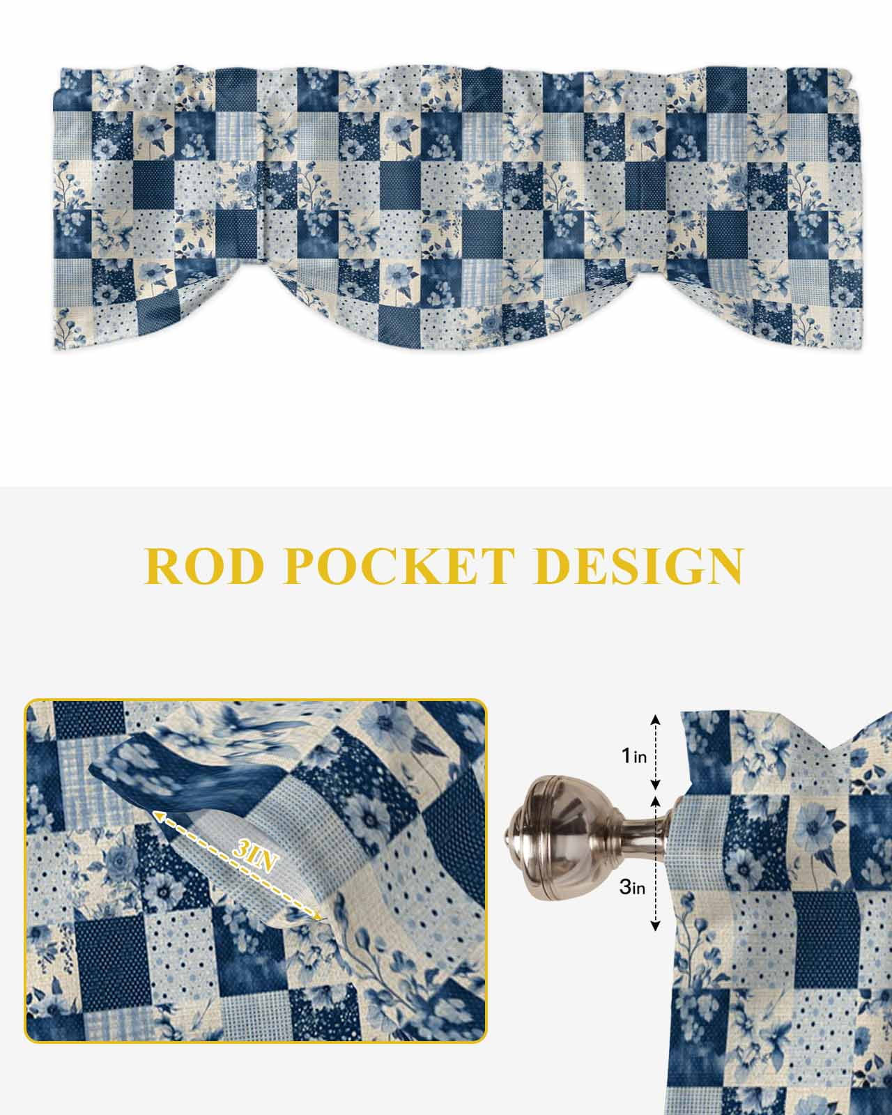 Vintage Patchwork Tie Up Valances Curtain, Blue Flowers Polka Dot Linen Kitchen Valances for Windows Decor, Rod Pocket Short Curtains Set for Bedroom/Bathroom, 60"x18"