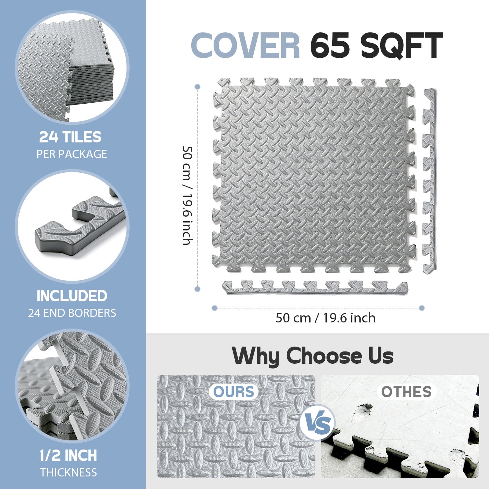 Puzzle Exercise Mat ½ in, EVA Interlocking Foam Floor Tiles for Home Gym, Mat for Home Workout Equipment, Floor Padding for Kidds, Grey, 20 in x 20 in x ½ in, 64 Sq Ft- 24 Tiles