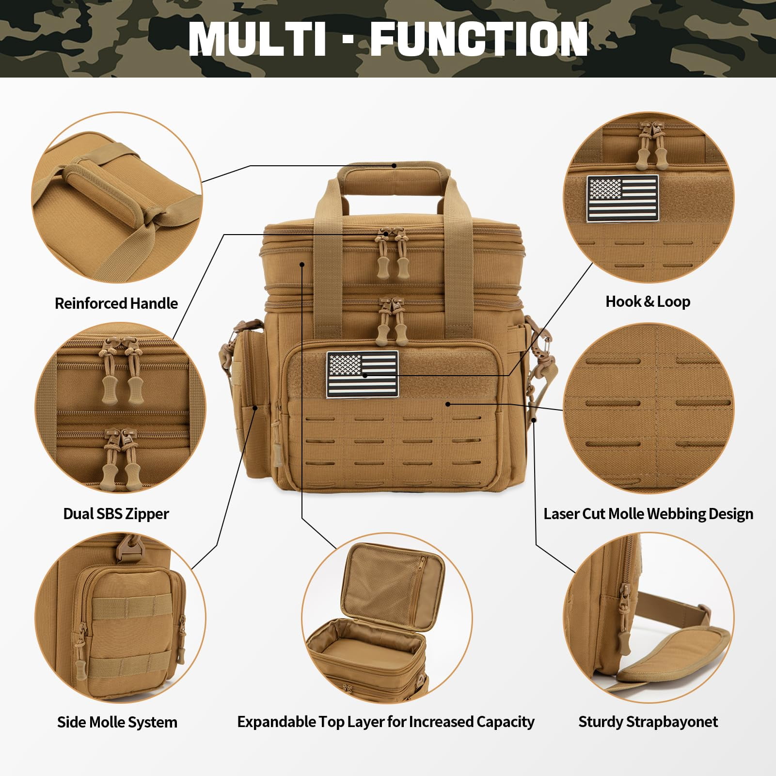 Haadid Tactical Lunch Box for Men Expandable 18L Heavy Duty Military Insulated Cooler Bag, Leakproof Thermal Lunch Bag for Work Camping Outdoor Picnic Pail Adult Meal MOLLE Webbing Khaki