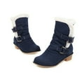 thumbnail image 2 of SACFOF Women's Round Toe Denim Mid Calf Dressy Boots Buckle Fur Lace Up Chunky Block Mid Heels Snow Boots, 2 of 6