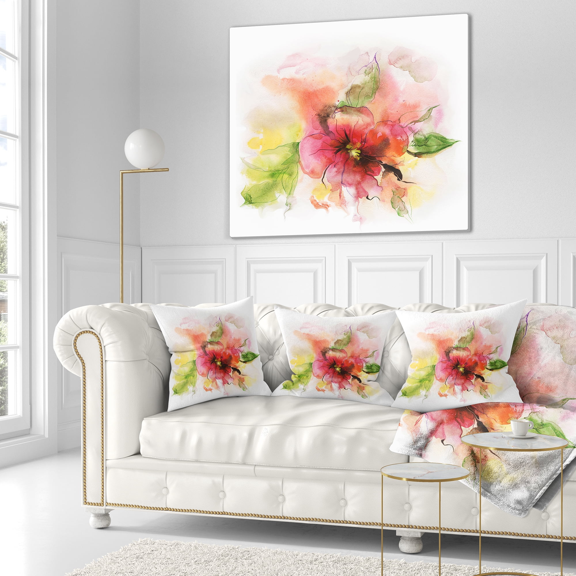 Designart Pink and Red Floral Design - Watercolor Floral Throw Pillow - 16x16