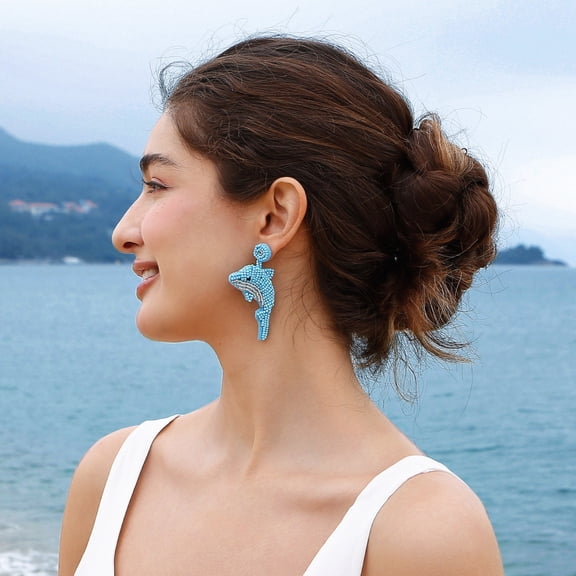 YYKihy 2024 Summer Ocean Resort Handmade Beaded Earrings Cute Cartoon Sea Animal Handmade Rice Beaded Earrings