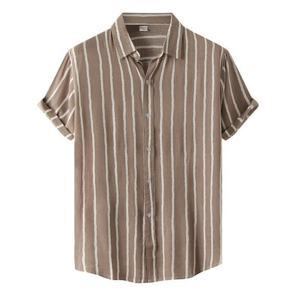 snowsong Male Summer Casual Striped Print Shirt Short Sleeve Turn Down Collar Shirt T Shirts For Man Summer Tops Mens Shirts Brown L