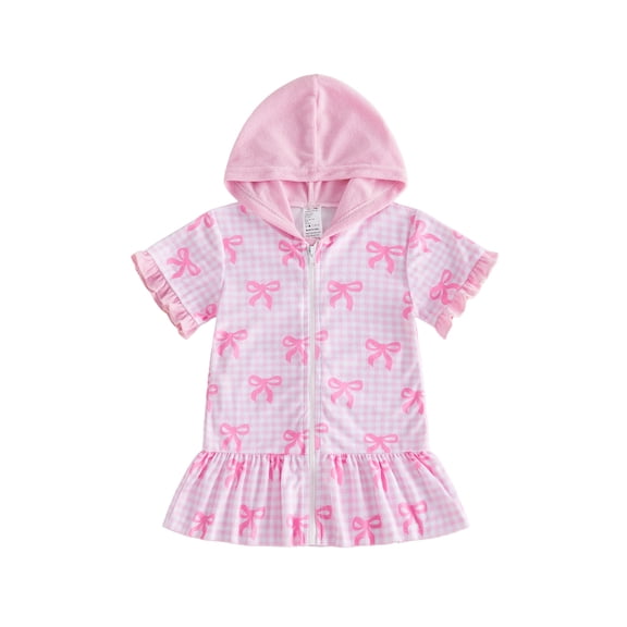 Cenuakty Todder Girls Poncho Towel Bow Stripe/Plaid Print Zip-Up Hooded Swim Cover Ups Beach Towel Dress for Pool Swimming Travelling