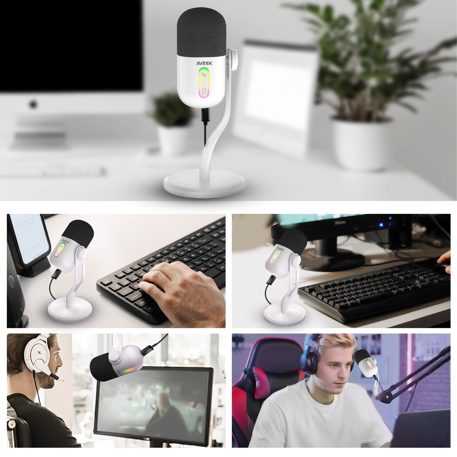 Aveek USB Condenser Microphone, Gaming Mic with Noise Cancellation for Streaming/Discord/Podcast/Asmr,Cardioid Pickup for Windows/MacOS/Android, White