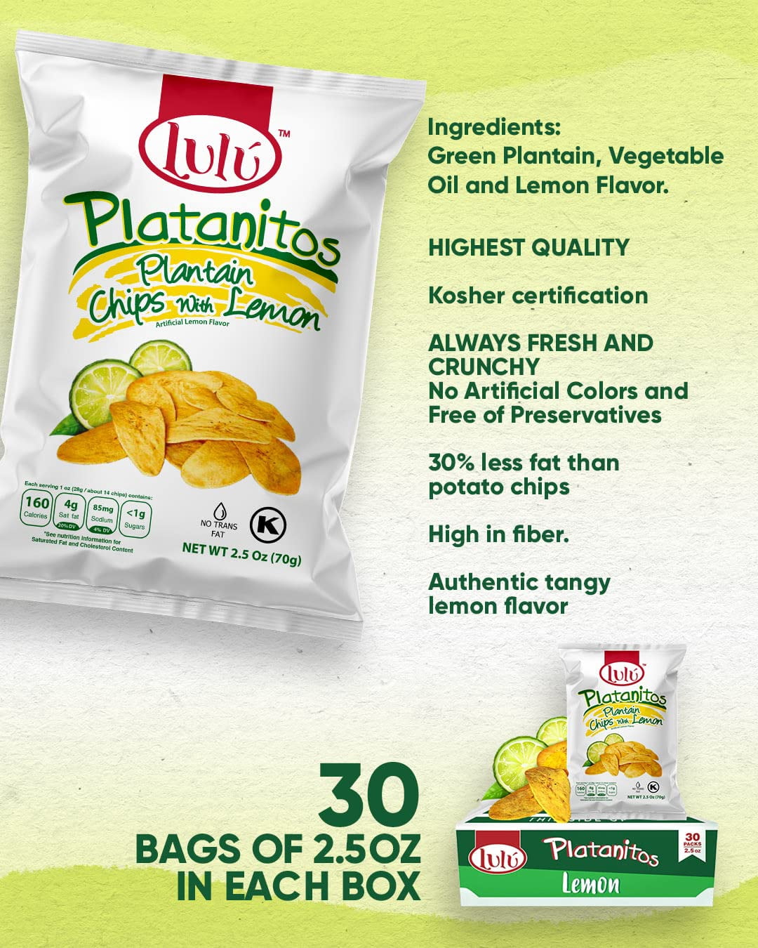 Lulu Platanitos, Plantain Chips with Lemon, 2.5 oz, 30 ct