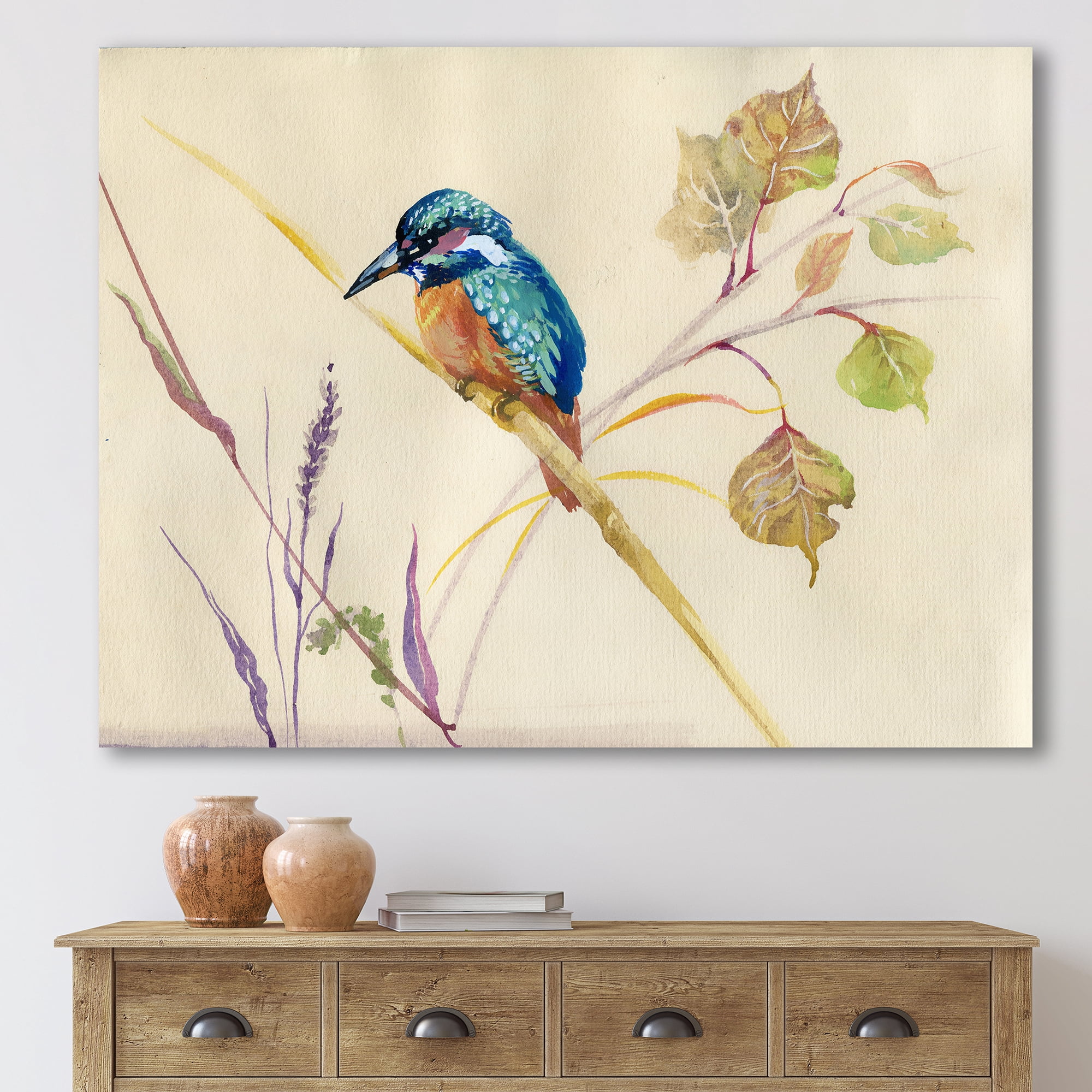 Designart ' Common Kingfisher Bird On Branch ' Traditional Canvas Wall Art Print