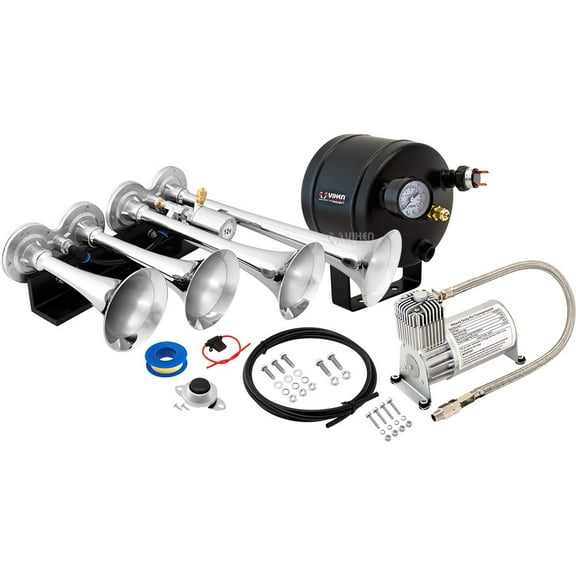 Vixen Horns Train Horn Kit for Trucks/Car/Semi. Complete Onboard System- 150psi Air Compressor, 0.5 Gallon Tank, 4 Trumpets. Super Loud dB. Fits Vehicles like Pickup/Jeep/RV/SUV 12v VXO8705/4124C