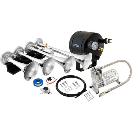 - Vixen Horns Loud 149dB 4/Quad Chrome Trumpet Train Air Horn with 0.5 Gallon Tank and 150 PSI Compressor Full/Complete Onboard System/Kit VXO8705/4124C