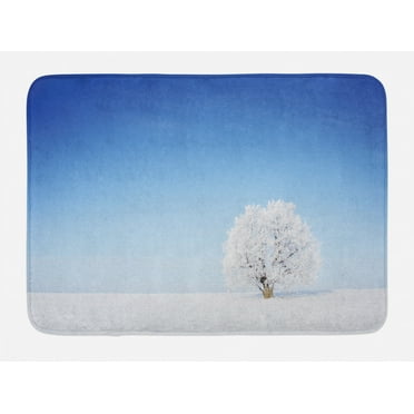 Winter Bath Mat, Alone Winter Life of Tree in Snowy Environment Cold Lands Peace Tranquility Concept, Non-Slip Plush Mat Bathroom Kitchen Laundry Room Decor, 29.5 X 17.5 Inches, White Blue, Ambesonne