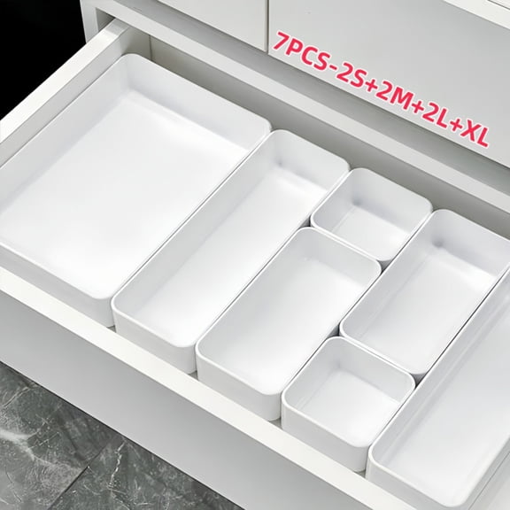 7 Pcs White Drawer Organizer Trays, 4 Sizes Plastic Bins for Desk Kitchen Cabinet