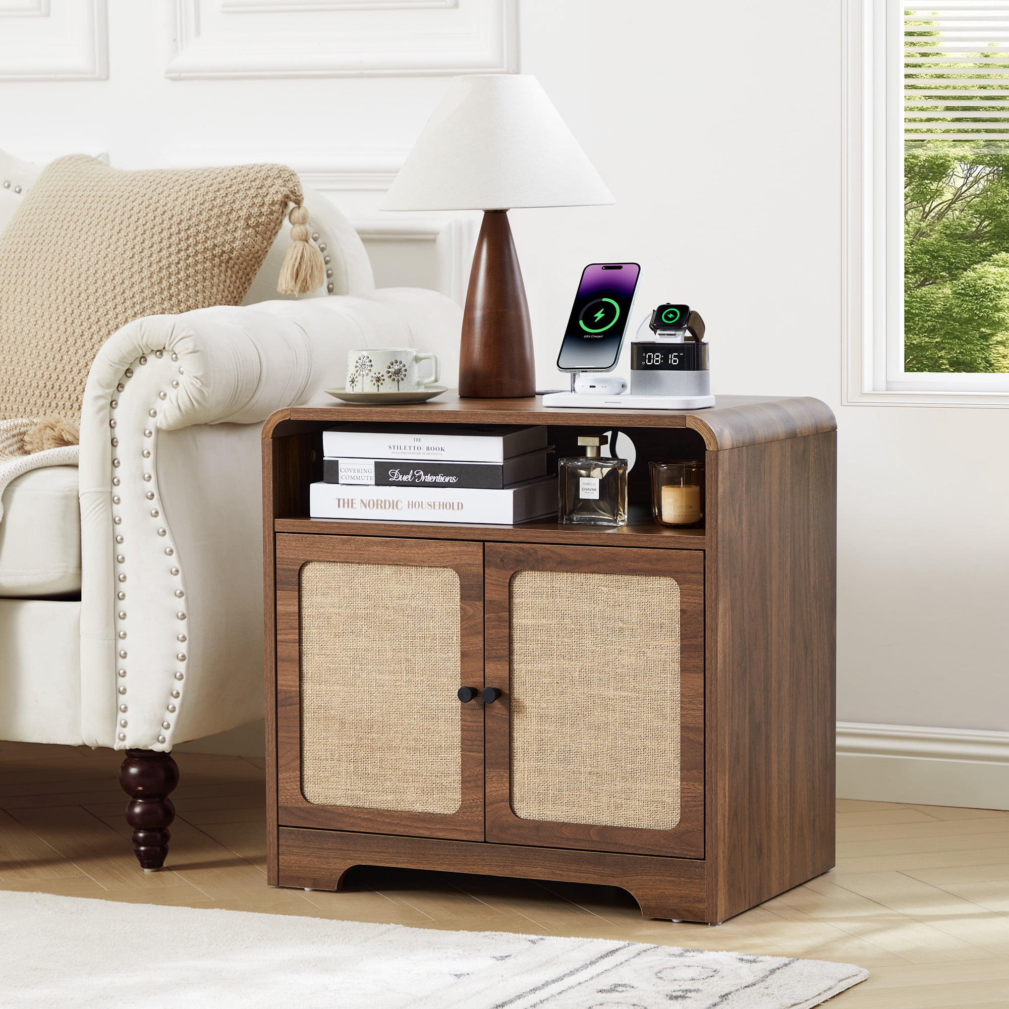 Wirrytor Farmhouse End Table with Charging Station and 2 Doors, Storage Shelf Nightstand for Living Room Bedroom, Modern Side Table with Rounded Corners and Black Metal Legs