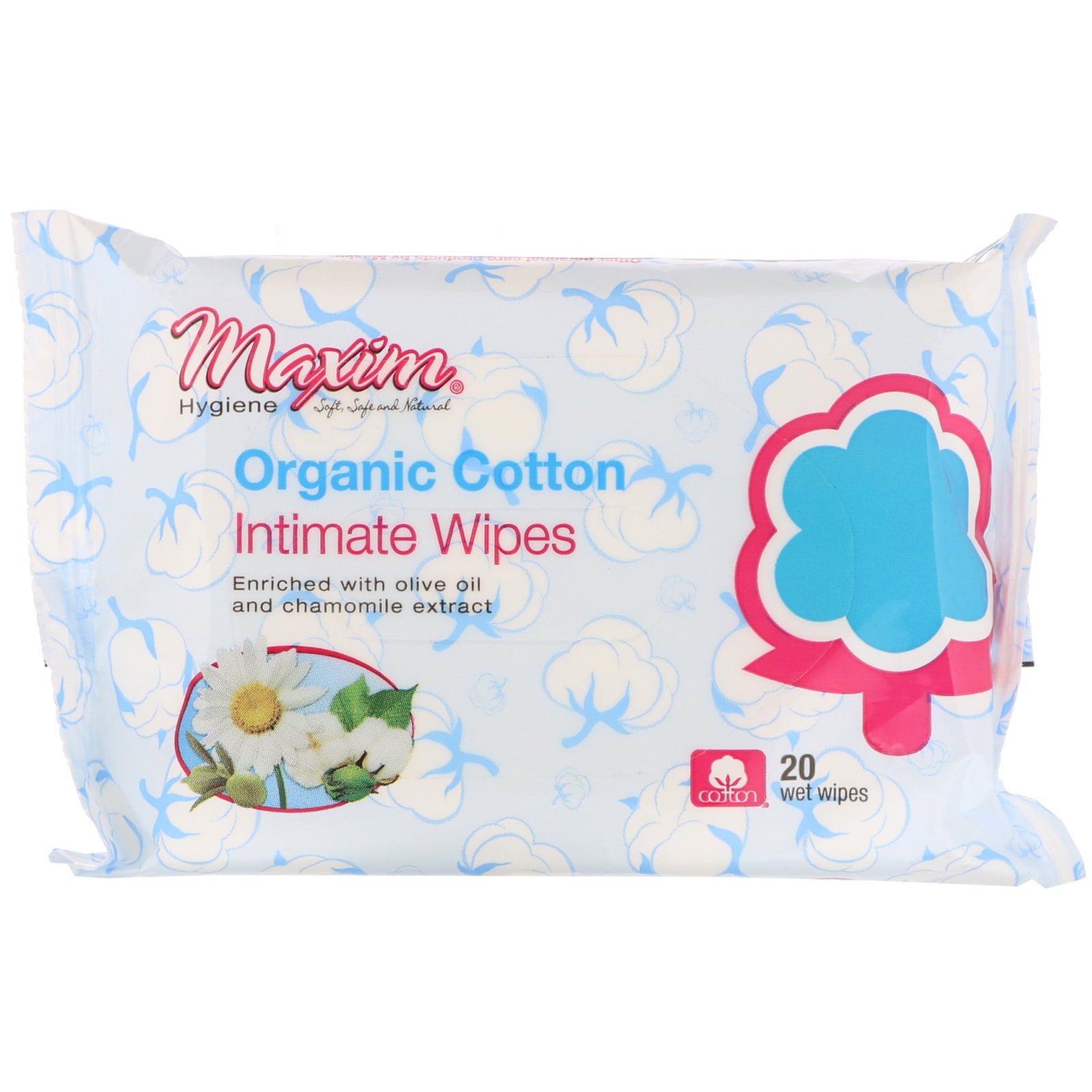 Maxim Hygiene Products Organic Cotton Intimate Wipes, 20 Wet Wipes