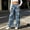 Blue, variant on Womens Straight Leg Jeans Flower Print Baggy High Waisted Barrel Jeans Vintage Boho Denim Pants with Pockets Trendy Summer Streetwear Denim Floral Pants(White,L)