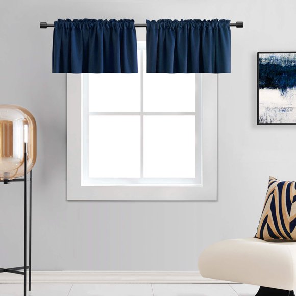 DONREN 2 Panels Navy Blue Blackout Valances for Boys Room - Blackout Window Valances for Basement with Rod Pocket (42 by 15 Inch Length)
