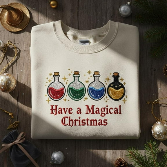 Wizard Potions Bottle Embroidered Sweatshirt, Magic School Holiday Jumper, Fantasy Gift for Book Lovers, Christmas Embroidered Crewneck
