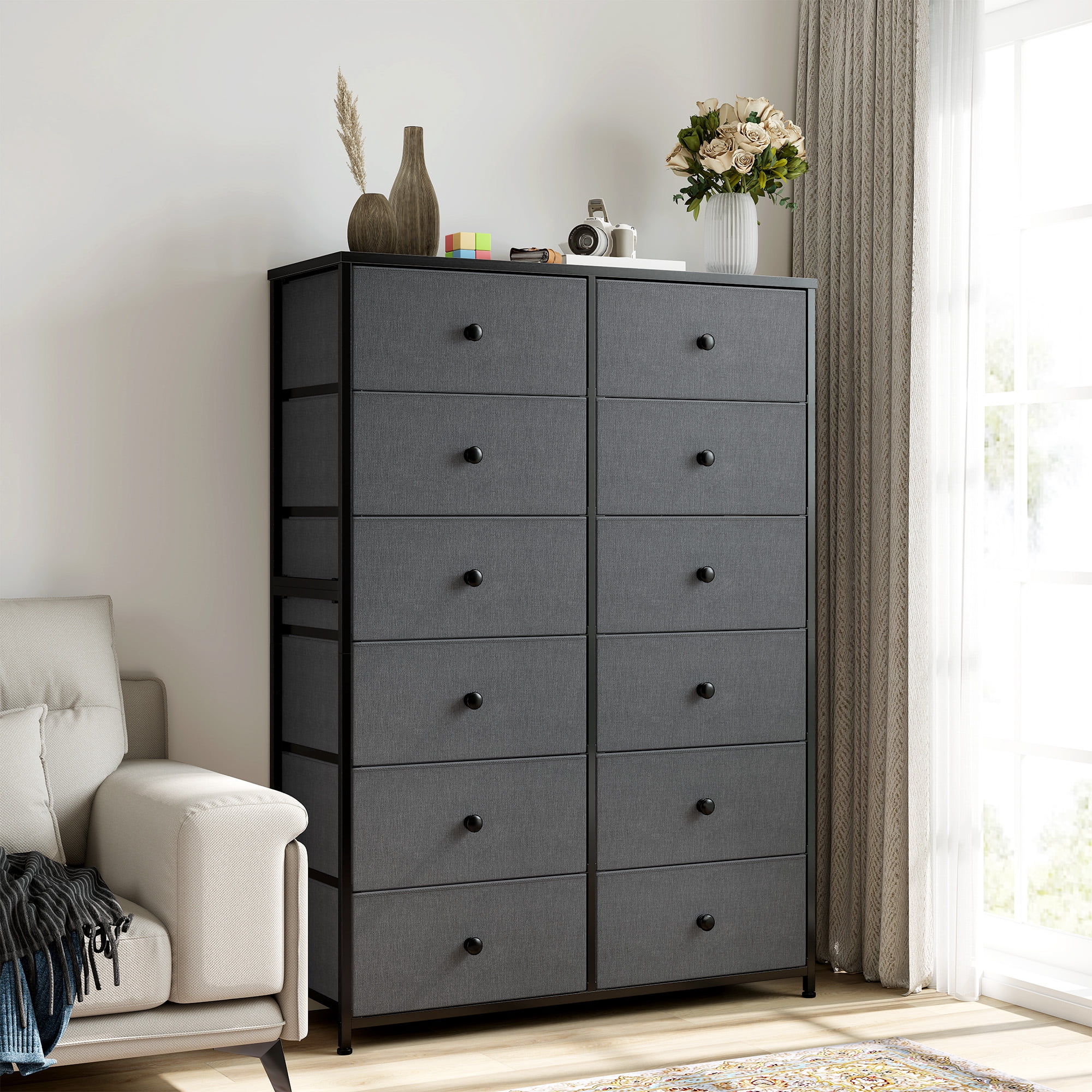 52.2" H Dresser for Bedroom with Fabric Drawers Tall Dresser with Wooden Top for Living Room, Light Gray