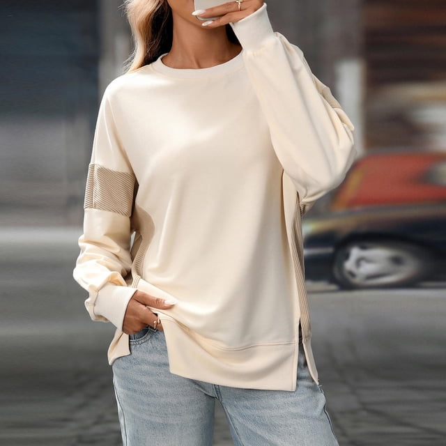 Suéter con abertura en el dobladillo de color contrastante para mujer, blusa informal de manga larga y cuello redondo, cómoda tela de imitación de tela, ideal para uso diario y en casa, sopatenor