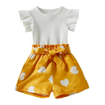 

Xiulive Toddler Girls Valentine S Day Fly Sleeve Ribbed Tops Hearts Printed Shorts Kids Outfits Kids Classic Fit Clothes set