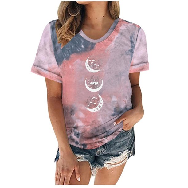 Camiseta con estampado de sol y luna para mujer, camiseta de manga corta con cuello redondo, camiseta informal divertida y bonita para chica adolescente OAVQHLG3B Store lin121212