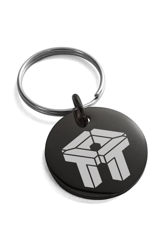 Stainless Steel Letter T Initial 3D Cube Box Monogram Engraved Small Medallion Circle Charm Keychain Keyring