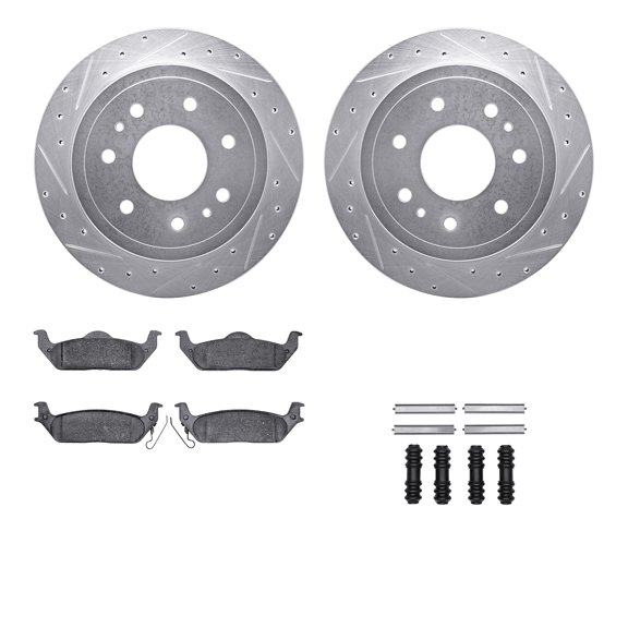 Dynamic Friction Company Rear Brake Rotors-Drilled and Slotted-Silver with Heavy Duty Brake Pads includes Hardware 7212-99188