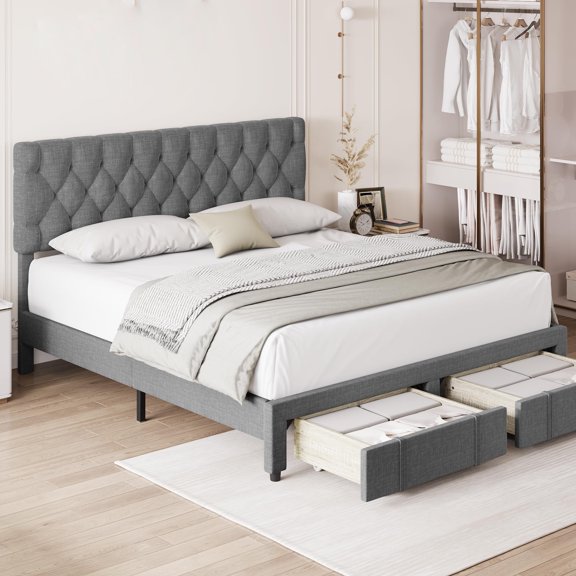 Bed Frame,Upholstered Platform Bed Frame with Storage Drawers On Wheels,Mattress Foundation with Wooden Slats Support, No Box Spring Needed,Easy Assembly