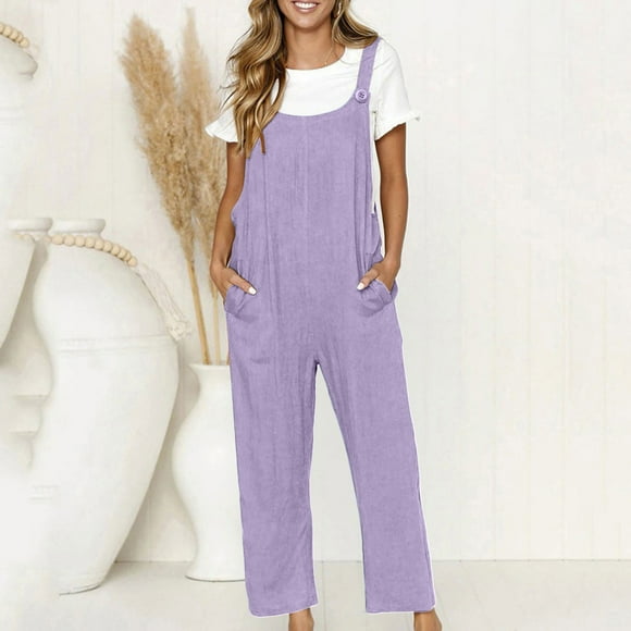 lcziwo Linen Jumpers and Rompers Women,Women's Casual Loose Baggy Pocket Jumpsuit Trendy Dressy Casual Playsuit Trousers Overalls Cotton Linen Pants Trousers Jumpsuit Purple,XXL