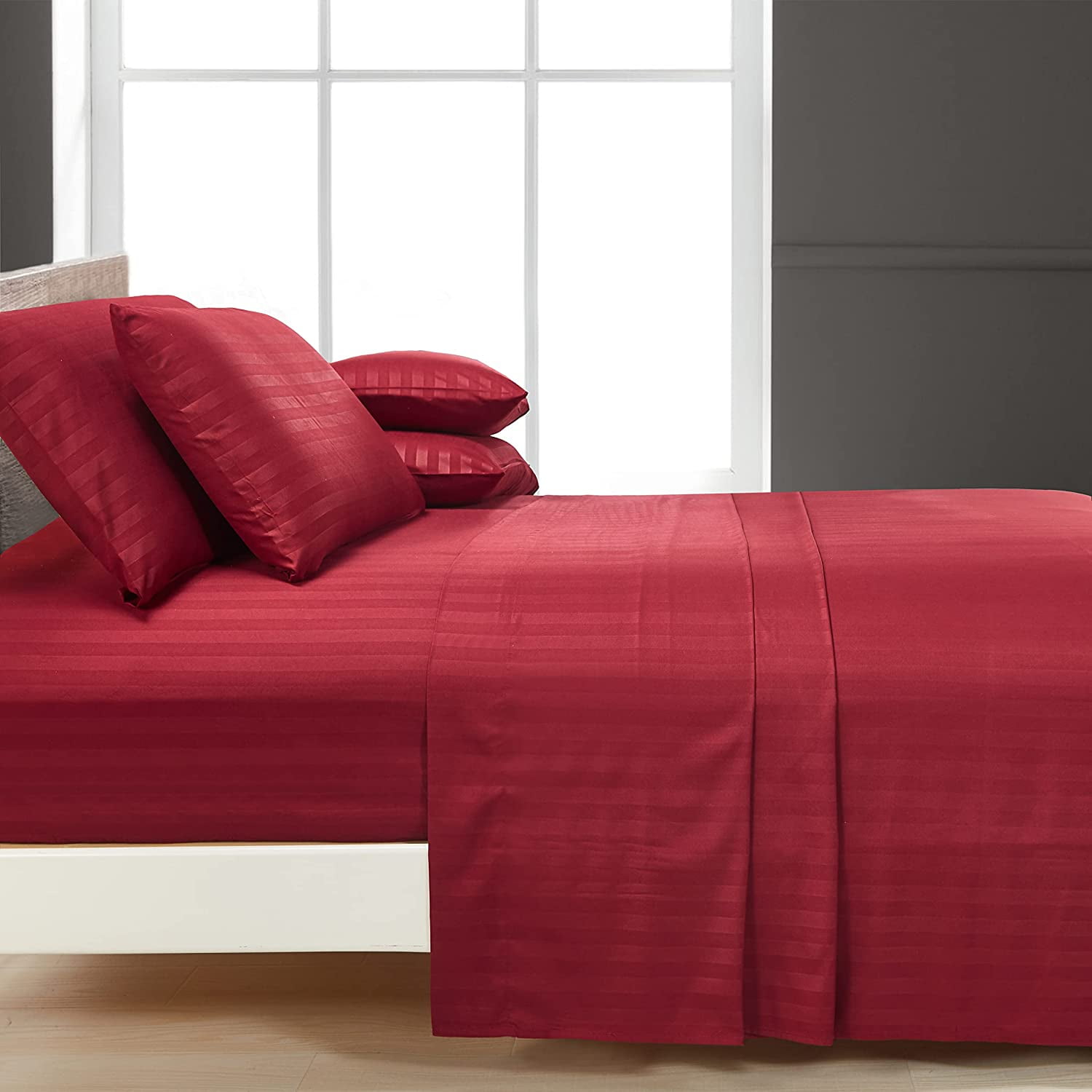 6 Piece Bamboo Sheet Set for Bed - 100% Pure Bamboo - Fit 30" Inch Deep Pocket Silk Feel, Cooling, Anti-Static, Extra Soft and Luxury - Burgundy Stripe, Twin XXL Size.