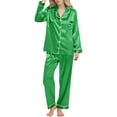 thumbnail image 2 of Button Up Pajamas for Women Set Silk Satin Button Solid Color Print Long Sleeve Top And Pant Pj Set Soft Loungewear Two Piece Holiday Sleepwear Sets Green M, 2 of 7