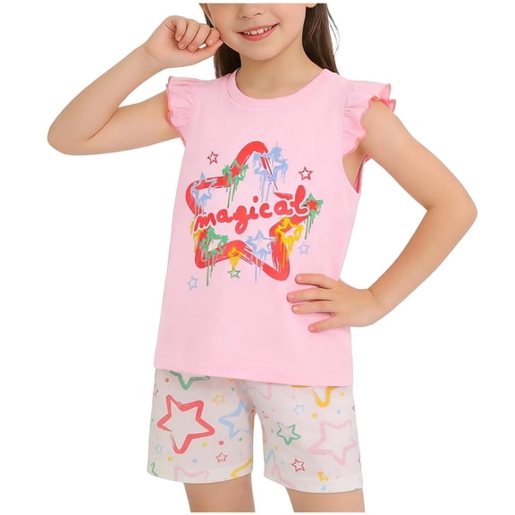 Cethrio Girls Summer Outfit Sets, 2 Piece Short Sleeve Knitting Cotton Printed Kids' Clothing Sets Pink Size 6