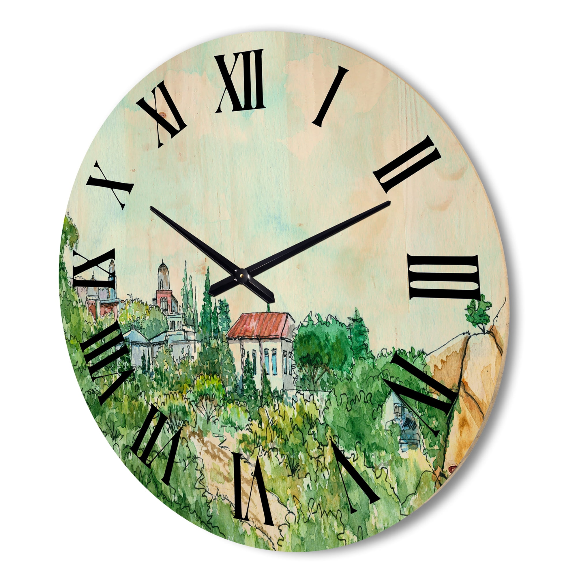 Designart 'White House With Red Roof In The Lush Green Countryside' Traditional Wood Wall Clock