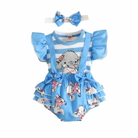 

Elainilye Fashion Infant Baby Girls Summer Outfit Ruffled Print Top With Straps Shorts Set For 0-18 Months Old Blue