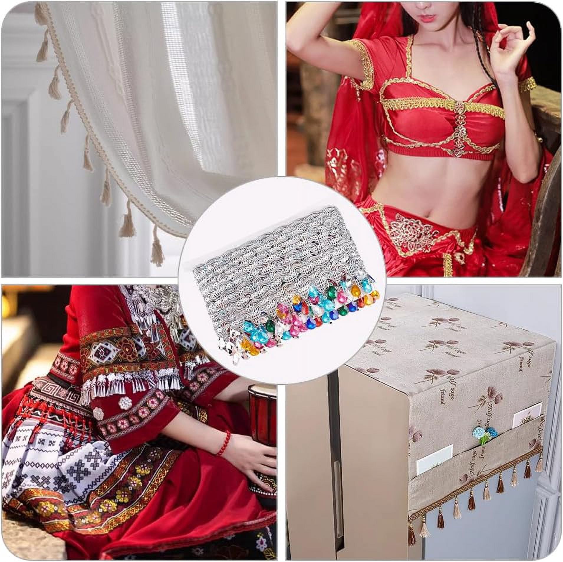 1pc Polyester Tassel Lace Ribbon Sparkle Paillette Lace Trim with Colorful Plastic Rhinestone Fringe Trimming for Garment Accessories Silver 1-7/8 inch(48.5mm) 9.84 Yards(9m)/pc