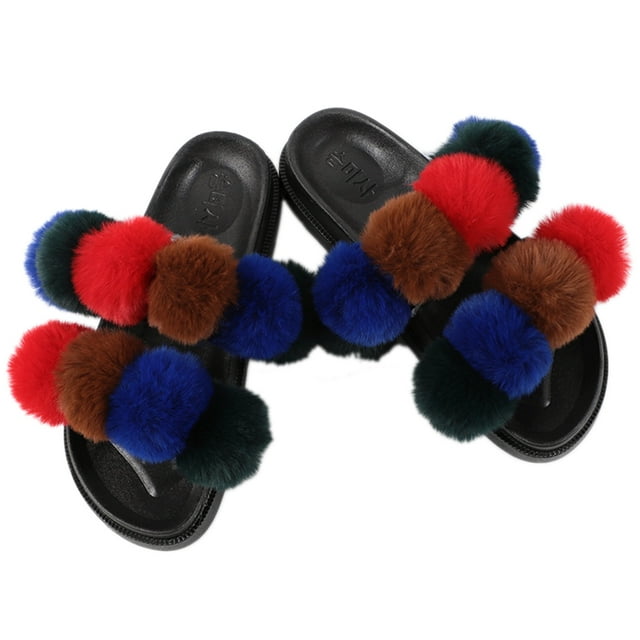 Women Furry Slippers Fashion Pom Pom Ball Faux Fur Slippers Fluffy Sandals