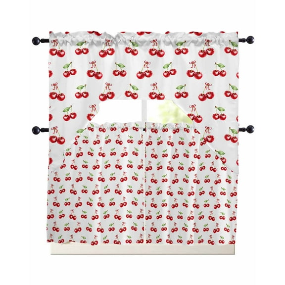 Cherry Farmhouse Kitchen Curtains Sets 24 Inch Length with Valance, Pastoral Botanical Watercolor Swag Valances and Tiers Curtain Set Drapes Swag Curtains for Living Room, Bathroom, Bedroom, Cafe