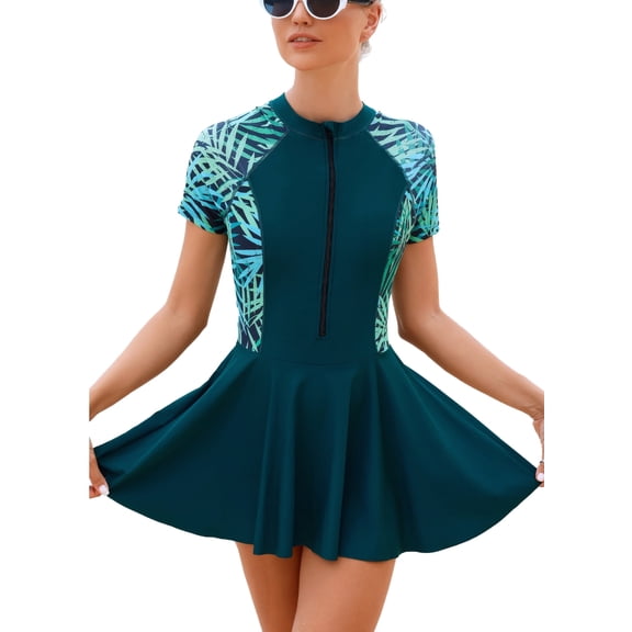 FEOYA Womens One Piece Rash Guard Swimsuit Short Sleeve Zip Front Swimdress Athletic Bathing Suit Ladies Modest Swimskirt Beach Summer Beachwear Poolwear Built-in Shorts Bra L