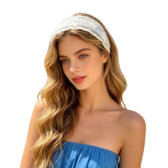 SRZYMJ Lace Headbands for Women Fashion 2 Inch Wide Hair Band White Lace Flower Headpiecs Accessories for Women and Girls